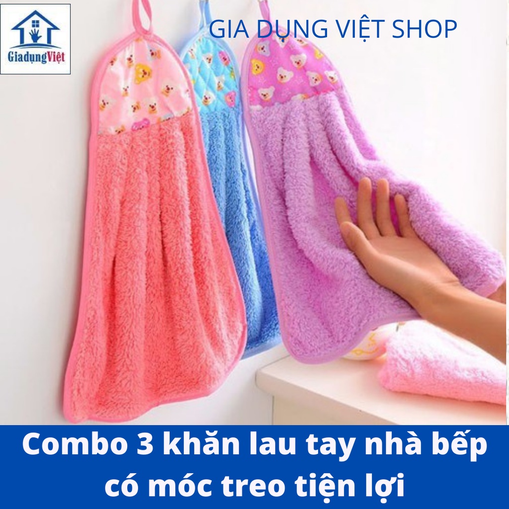 Combo 3 khăn lau tay nhà bếp có móc treo tiện lợi hàng đẹp loại 1 dài ~40cm