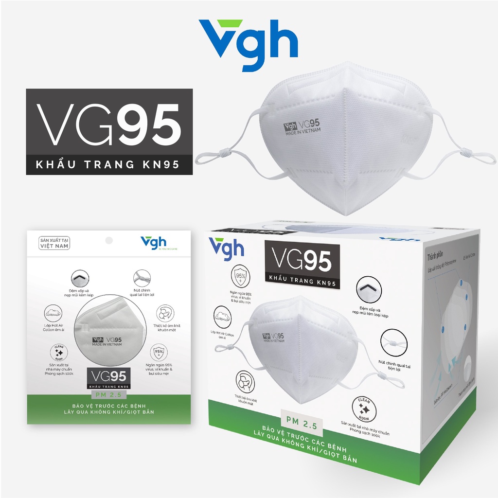 Khẩu trang VG95 thiết kế 3D tiêu chuẩn KN95 kháng khuẩn, nút chỉnh quai tai - Chính hãng VG Healthcare - Đóng túi 1:1