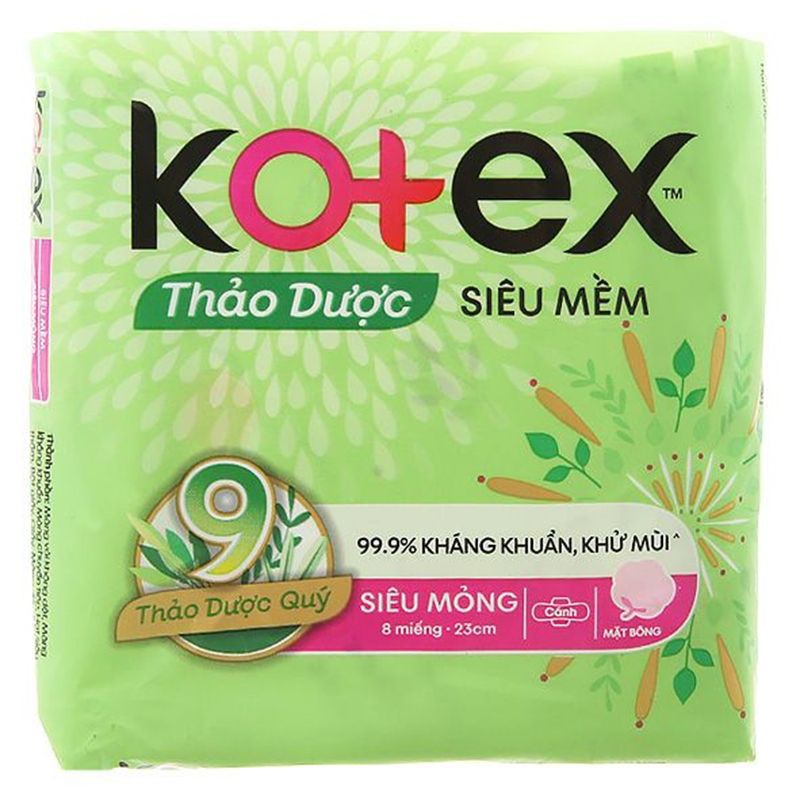 Băng Vệ Sinh Kotex Thảo Dược Siêu Mỏng Cánh 23CM (8 Miếng)