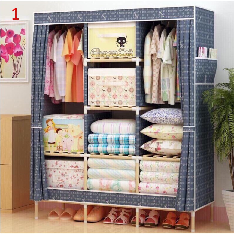 Tủ vải khung gỗ 3 buồng 8 ngăn khung gỗ loại 1 Kích thước 1m70 x 1m30 x 46cm