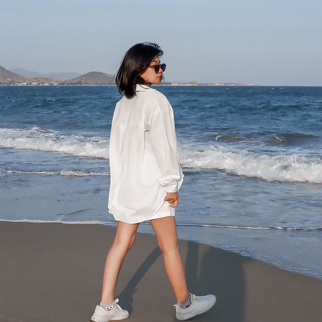[Thiết Kế QuDu ] Áo Sơ Mi Nữ Dài Tay TRƠN Basic Unisex Dáng Rộng Trắng và Đen Kiểu Áo Sơ Mi Nữ Tay Dài Form Rộng Suông