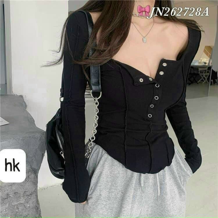 Áo kiểu lệch cổ tay dài TV1312 chất thun thái xịn/ Áo Dài Tay Dáng Ôm Xẻ Tà Phong Cách Hồng Kông