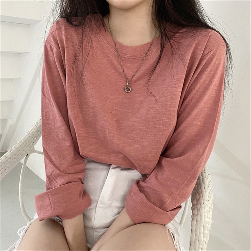 [ Mã 12FASHIONSALE1 giảm 10K đơn 50K ] Xiaozhainv Áo thun dáng suông tay dài màu trơn thời trang cho nữ