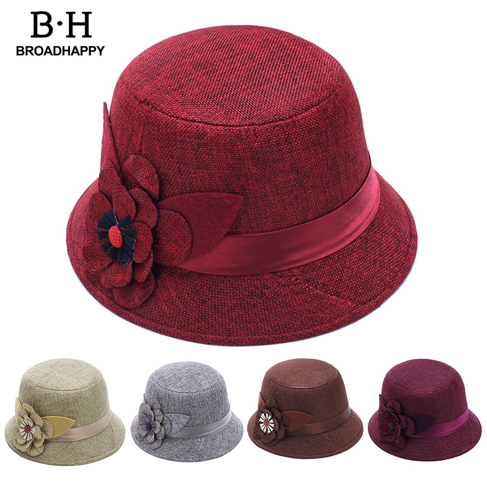 Mũ Bucket Vành Tròn Vải Lanh Màu Trơn Thanh Lịch Dành Cho Nữ