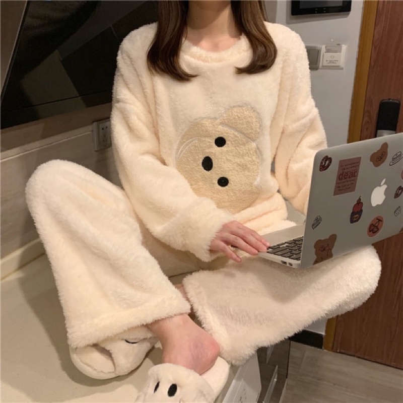 [44CAM] Bộ ngủ nữ dài tay cổ tròn mùa đông họa tiết gấu cute rộng rãi thoải vải nỉ bông ấm áp