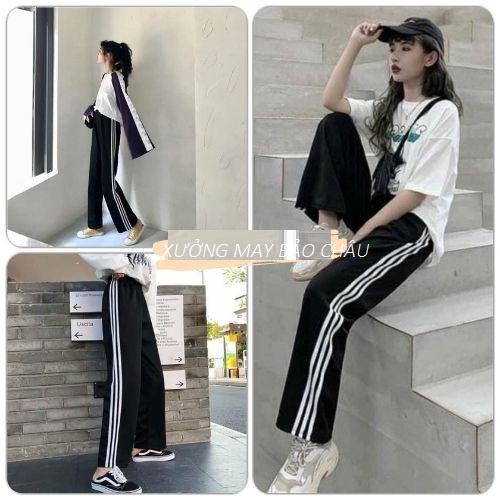 Quần thể thao ống suông rộng 3 sọc nữ có túi dây rút kéo - Quần nỉ jogger thể thao đen thun vải Umi đi học thể dục gym