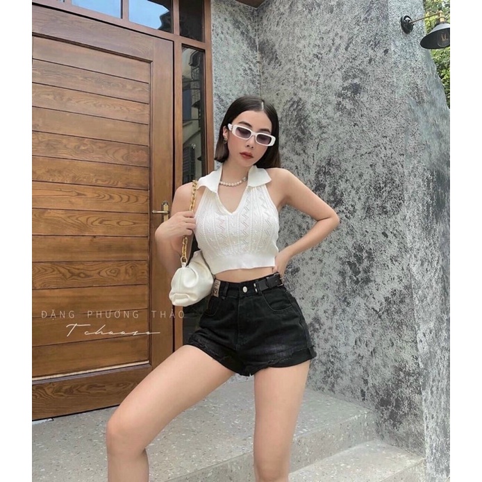 Áo len nữ kiểu yếm cổ bẻ hở lưng dáng croptop sexy | BigBuy360 - bigbuy360.vn