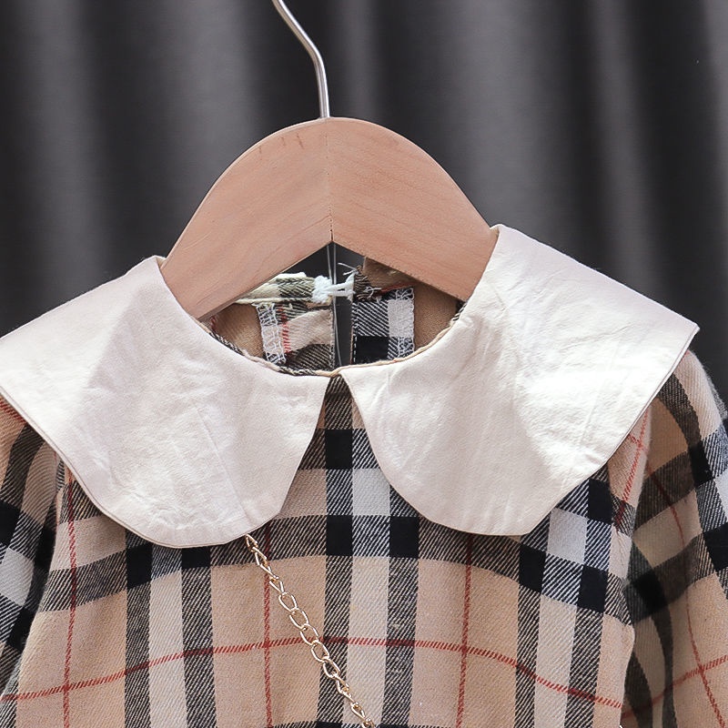 Đầm   tay dài cổ búp bê họa tiết sọc caro với gấu trang trí dành cho bé gái 0-4 tuổi