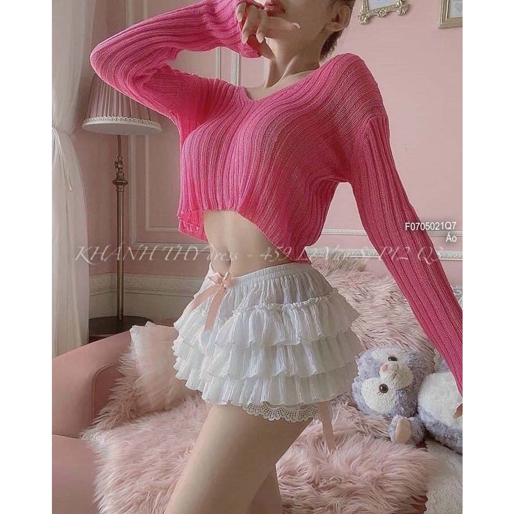 Áo len croptop mỏng cổ tim tay dài hàng QC!