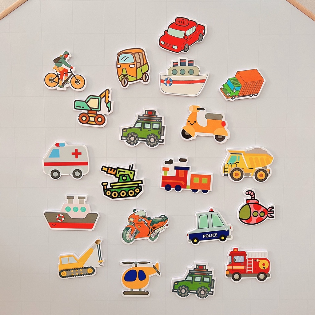 Bộ phương tiện giao thông có nam châm dùng cho bảng từ hoặc dán tủ lạnh, sticker cho bé