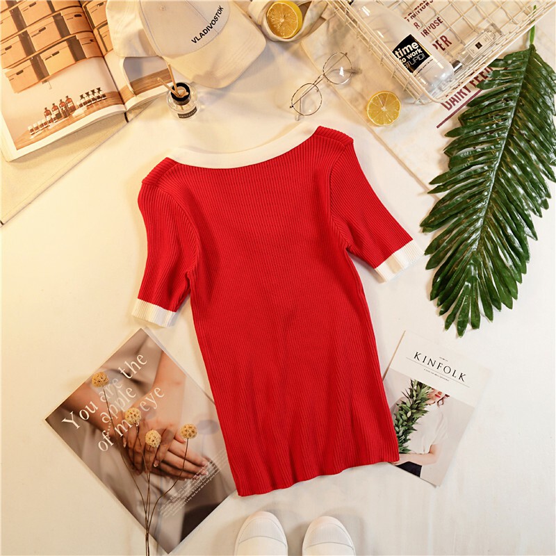 Áo len cộc tay cổ chữ V đính cúc ngực(Video deo+Ảnh thật) | BigBuy360 - bigbuy360.vn