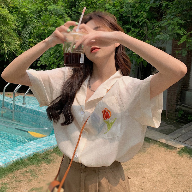 Áo Sơ Mi Ngắn Tay Dáng Rộng Thêu Hoa Hồng Phong Cách Retro Thời Trang Mùa Hè Dành Cho Nữ