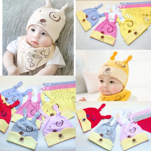 Mũ Kèm Khăn Yếm Cotton 2 Lớp Mềm Mại Cho Bé