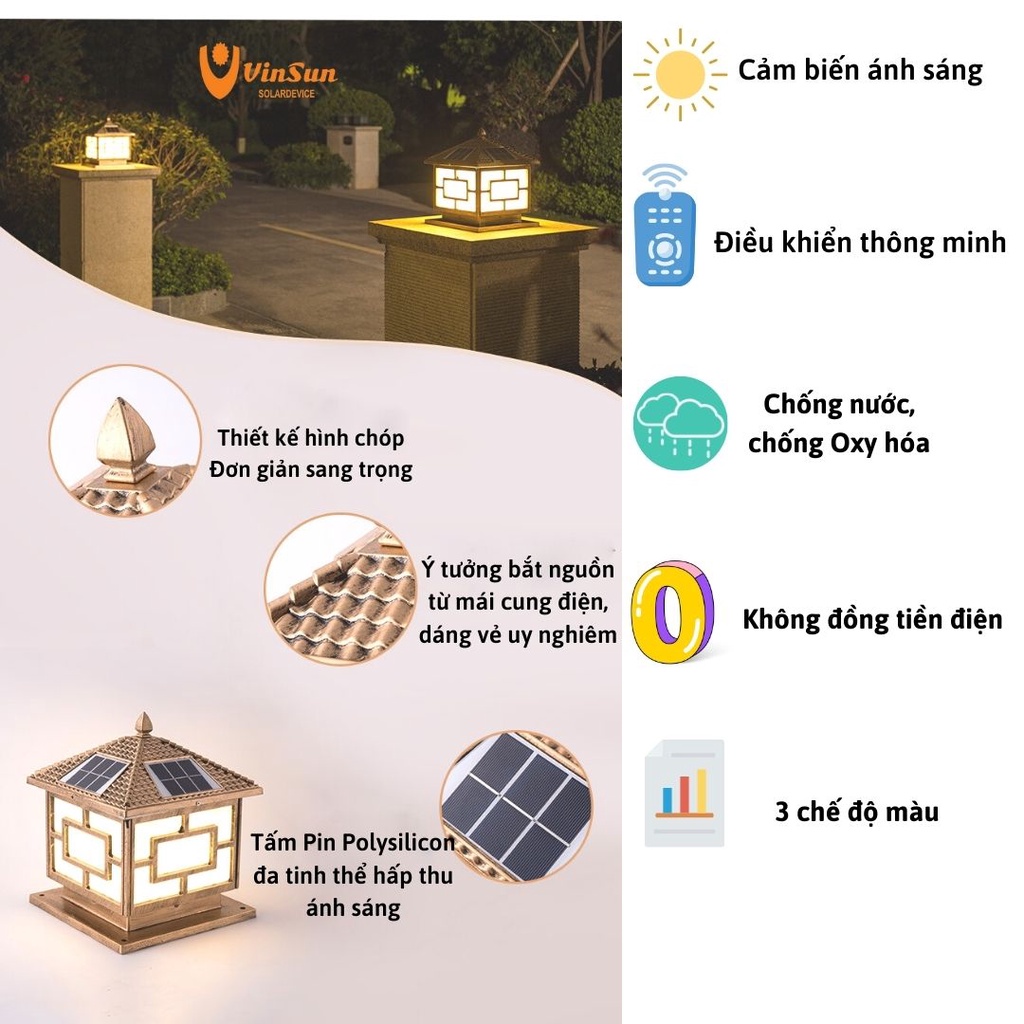 Đèn led năng lượng mặt trời, đèn trụ cổng sân vườn,đèn mặt trời vỏ nhôm kích thước 250mm 300mm 400m chính hãng,denvinsun