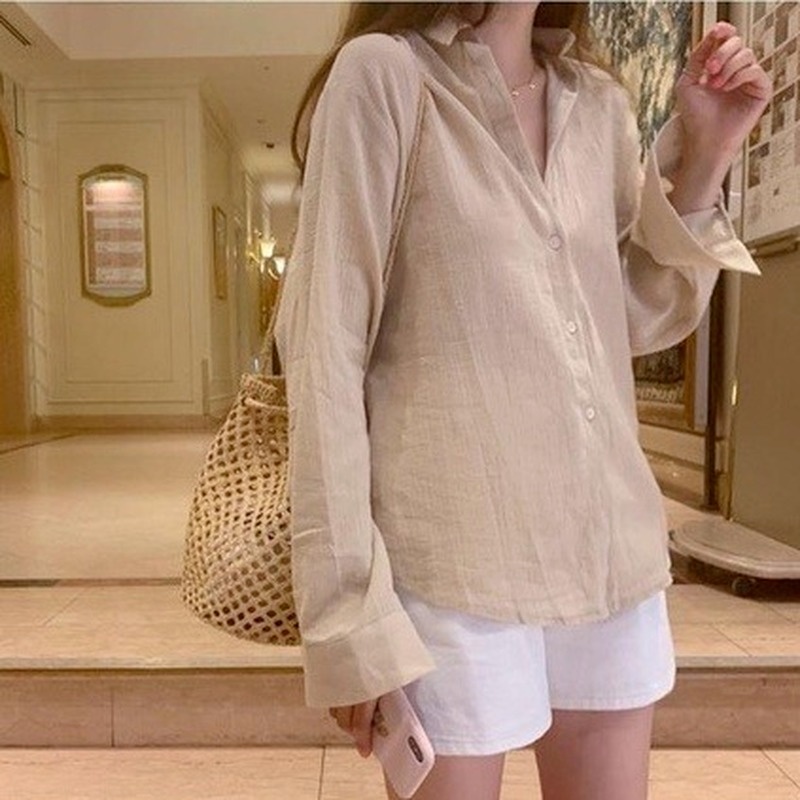 GENAISHA Áo sơ mi dáng rộng xếp ly phong cách đơn giản thanh lịch nữ Hàn Quốc xinh thời trang
