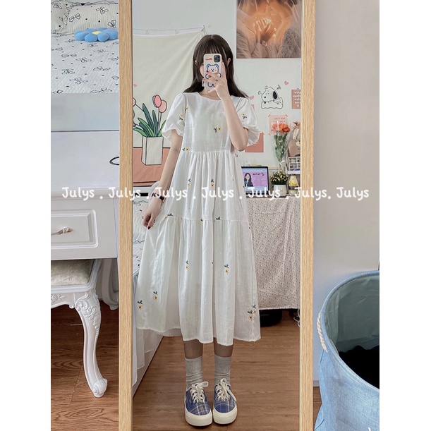 Váy babydoll thô cúc vàng (ảnh thật shop chụp kèm video)