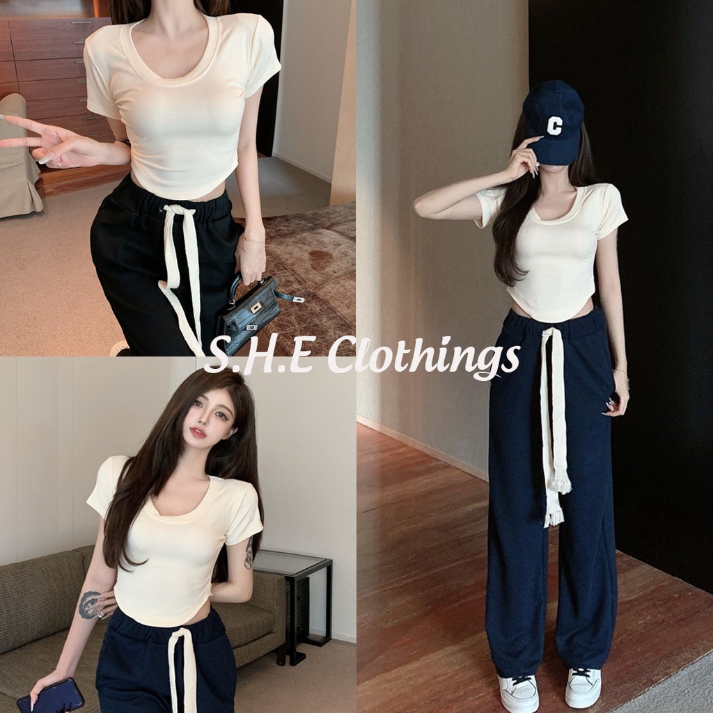Set Bộ Đồ Nữ Áo Croptop Cộc Tay Vạt Bầu Màu Be Cổ Tròn Mix Quần Ống Suông Rộng Cạp Chun Freesize