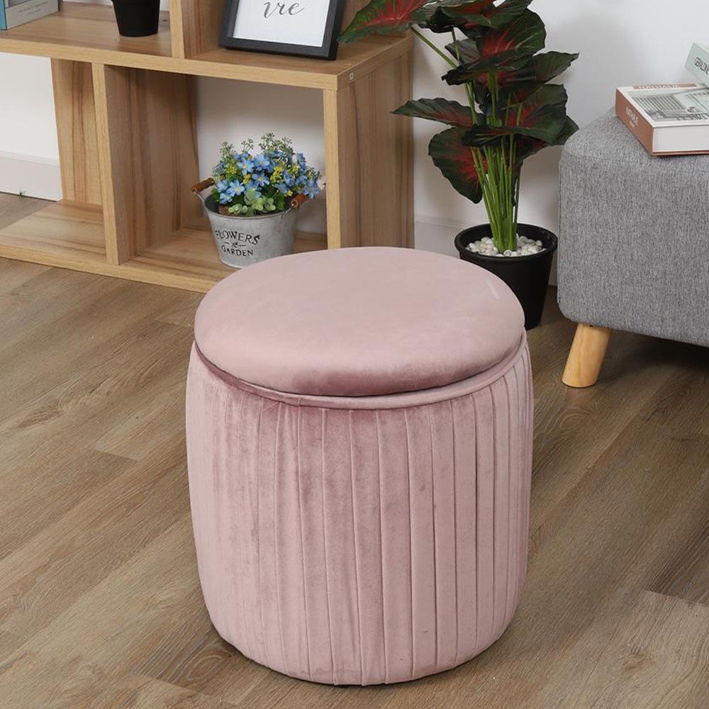 HomeBase FURDINI Ghế đôn tròn bằng gỗ bọc vải cao cấp có đệm lót mousse Thái Lan W42xH42xD40cm màu hồng