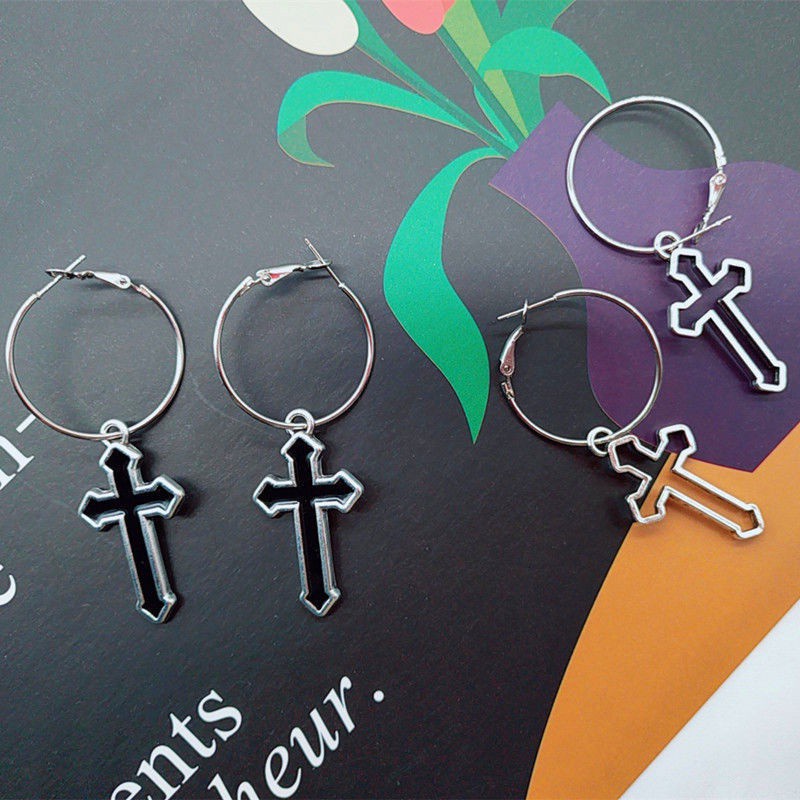 Khuyên Tai Hình Thánh Giá Bằng Kim Loại Màu Đen Phong Cách Hip Hop Âu Mỹ Thời Trang