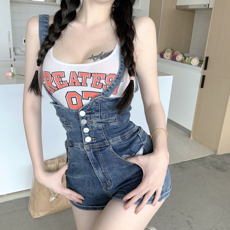 Áo liền quần denim lưng cao thiết kế đơn giản hợp thời trang