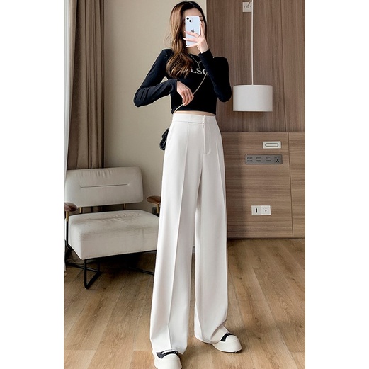 Quần suông ống rộng khoá trước cạp khuy lưng cao