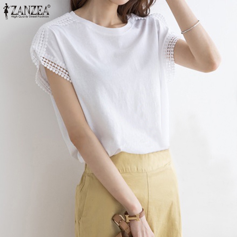Áo thun ZANZEA cổ tròn tay ngắn phối ren phong cách Hàn Quốc thời trang cho nữ