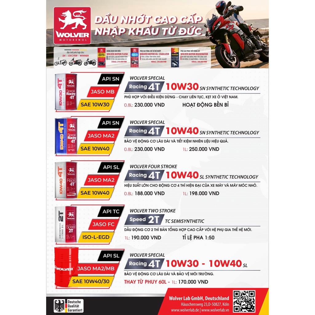 Nhớt tổng hợp siêu cao cấp cho moto,côn tay,xe tay ga.. Wolver Special Racing 5w40