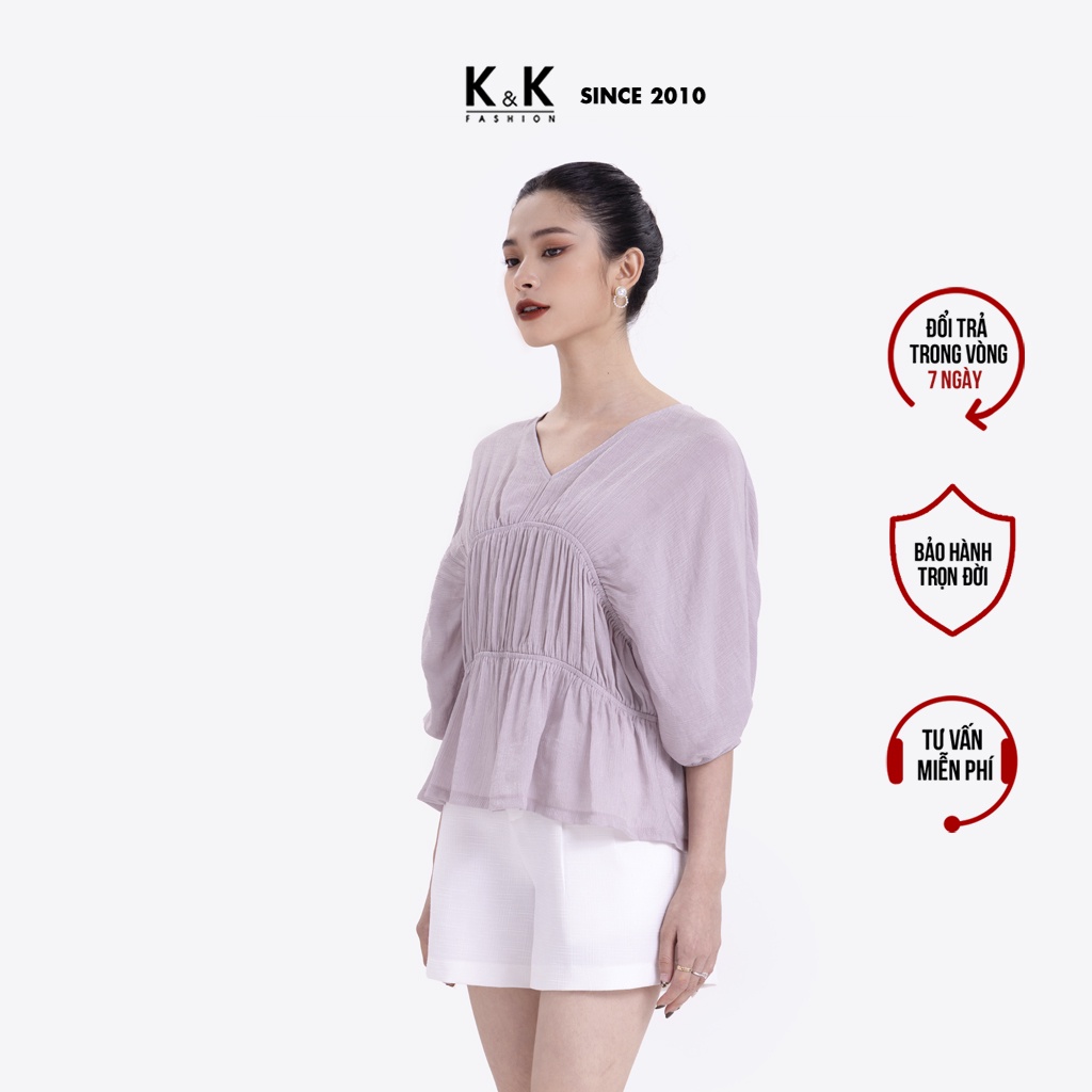 Áo Kiểu Cổ V Cách Điệu Bo Chun K&amp;K Fashion ASM09-05 Tay Phồng Chất Liệu Tơ Xốp