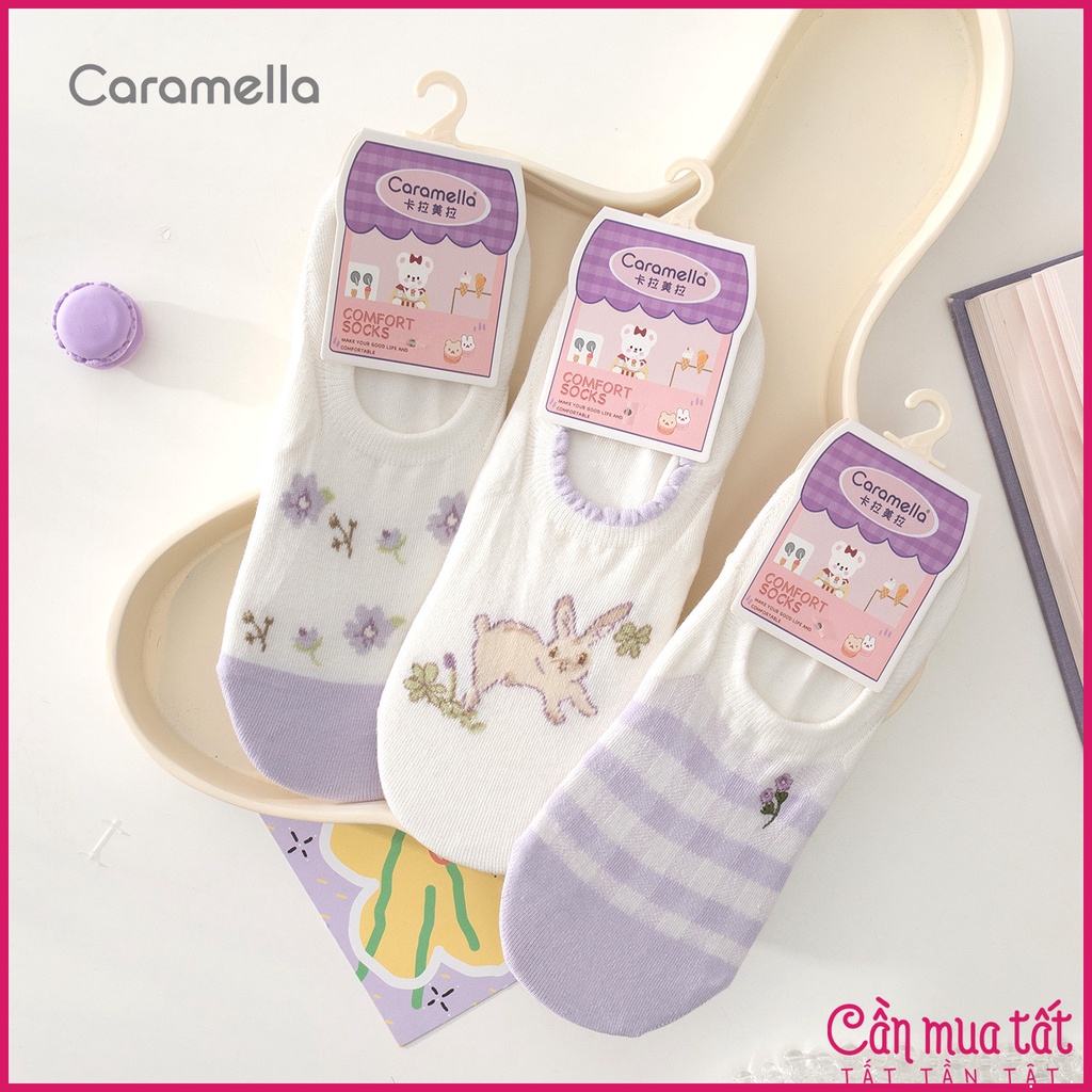 Tất nữ Caramella cổ lười thỏ tím, set tất nữ 3 đôi cao cấp kèm túi zip xinh xắn 513303