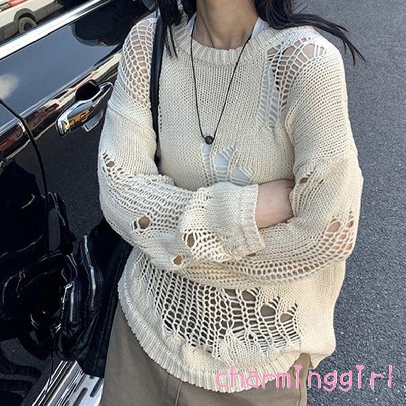 Áo Sweater Dệt Kim Tay Dài Cổ Tròn Màu Trơn Thiết Kế Độc Đáo Thời Trang Cho Nữ