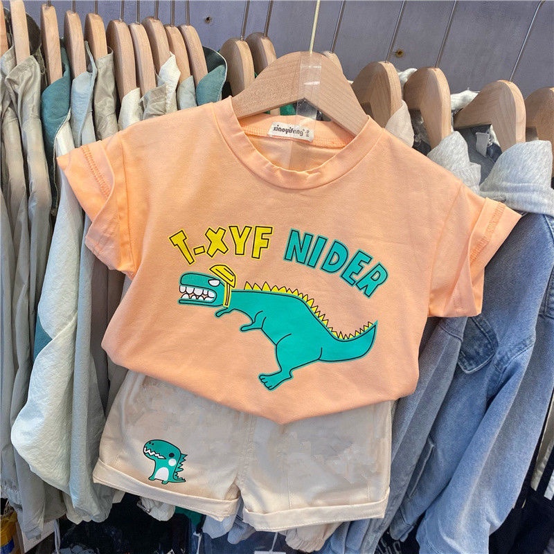 Bộ Áo Thun Ngắn Tay In Hoạt Hình Khủng Long + Quần Short Kiểu Hàn Quốc Thời Trang Mùa Hè Cho Bé Trai