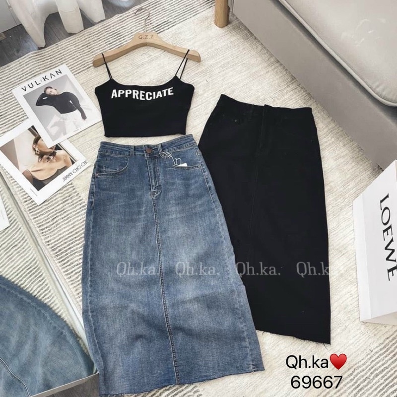 chân váy bò dài trơn rách gấu hàng QCl1