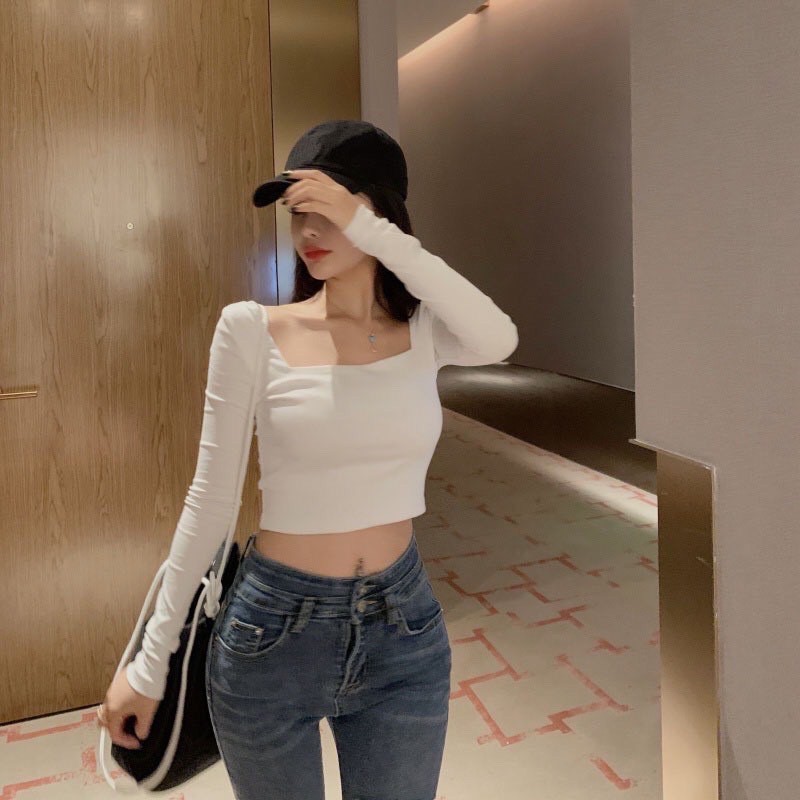 áo croptop nữ dài tay, cổ vuông, dễ phối đồ, thun borip mềm đẹp