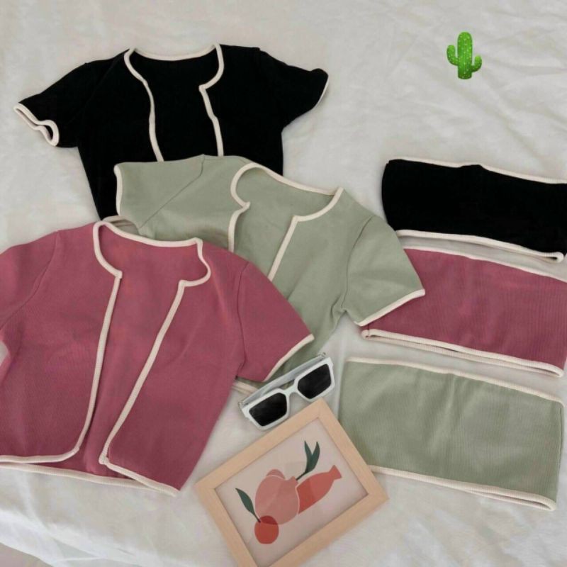 🍓 Sét áo khoác ngoài + áo ống trong phối viền | BigBuy360 - bigbuy360.vn