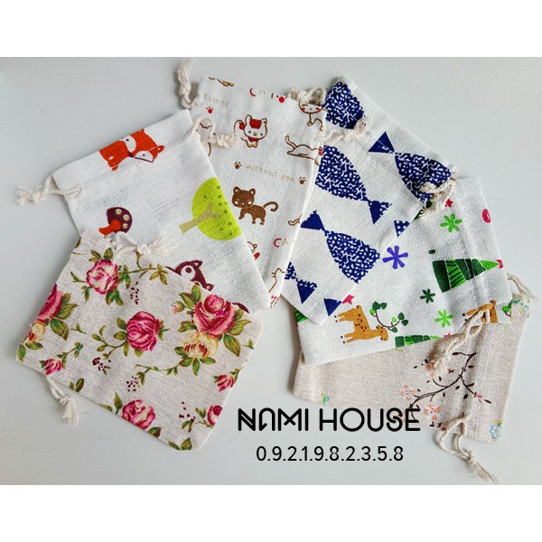 Túi vải bô mềm có dây rút họa tiết vintage nhiều mẫu dễ thương kích thước 10x14cm - namimi