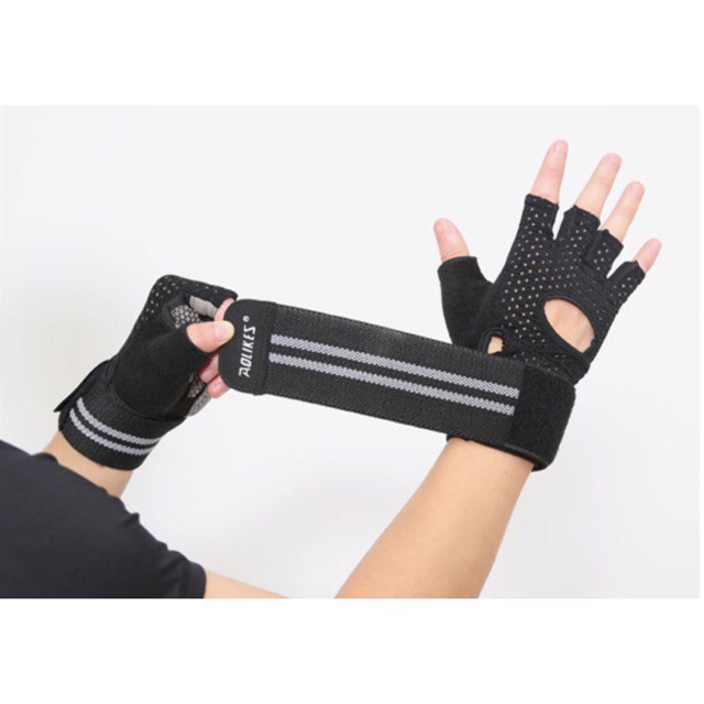 Găng tay thể thao chính hãng Aolikes có quấn cổ tay A-113b , gang tay thoáng khí tập gym nam nữ magic