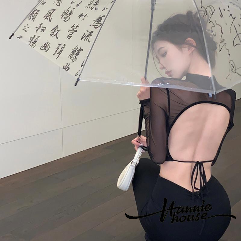 Hannie-áo Crop Top Tay Dài Cổ Cao Phối Lưới Xuyên Thấu Buộc Dây Hở Lưng Thời Trang Hoang Dã Cho Nữ