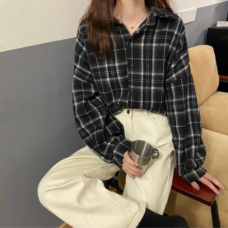 Áo Sơ Mi Kẻ Nữ Tay Bồng Dáng Dài Form Thụng Unisex/Áo sơ mi nam nữ kẻ caro 2 màu dễ phối đồ_Ranstore✨