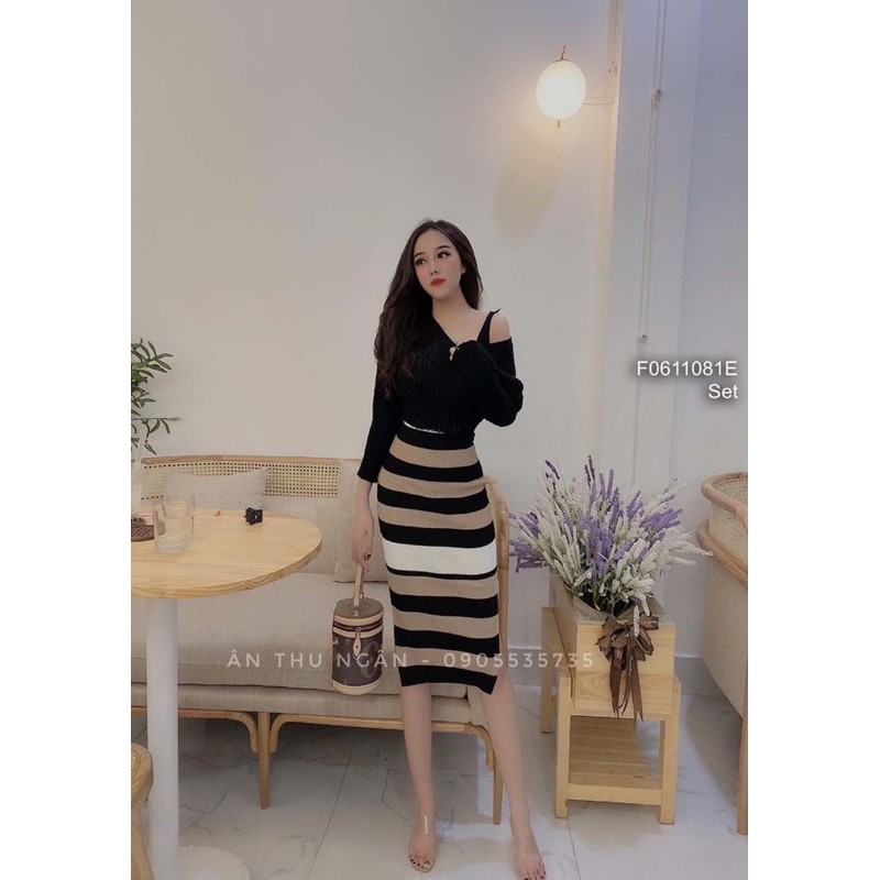 Set đầm len sọc ngang kèm áo siêu đẹp nhé!