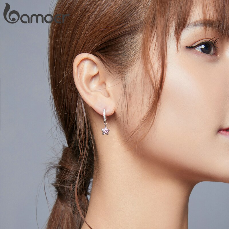 Khuyên tai Bamoer BSE414 Bạc 925 thiết kế hình ngôi sao màu hồng lấp lánh thời trang cho nữ