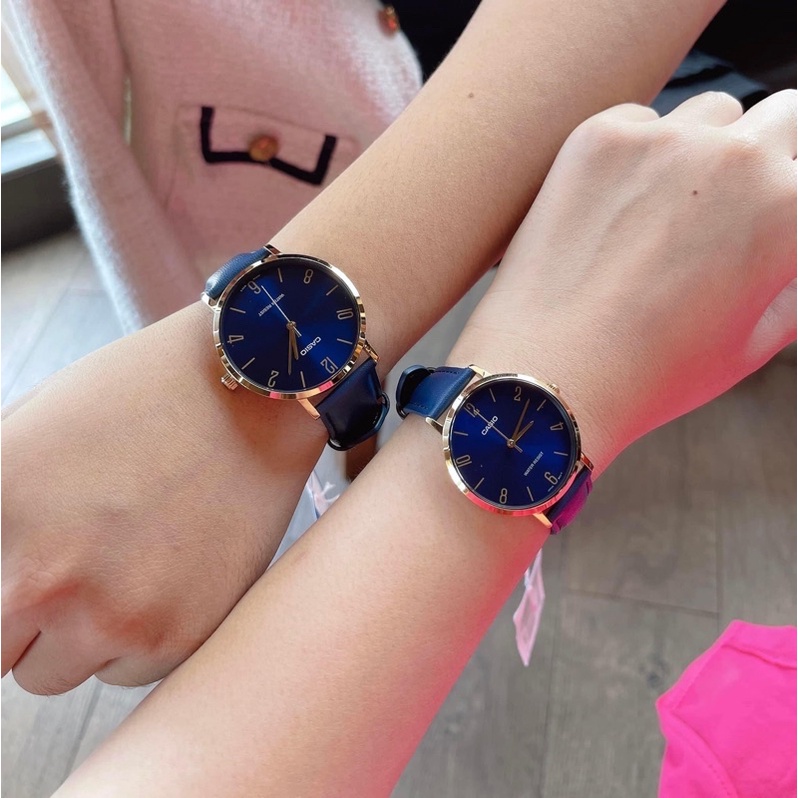 Đồng hồ đôi nam nữ dây da Casio MTP VT01GL 2B