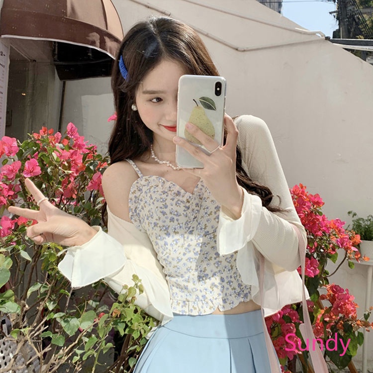 Set Áo Hai Dây + Áo Khoác Cardigan Màu Sắc Đơn Giản Thời Trang Hè Cho Nữ