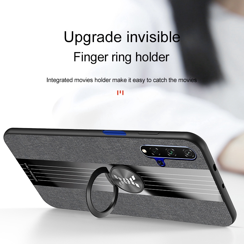 Ốp điện thoại mềm lưng ốp vải có nhẫn đỡ nam châm cho Huawei Honor 10 20 V10 V20 8X Max 9X Pro Play 3