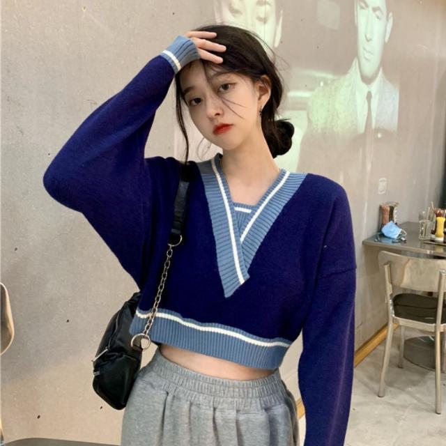 Áo sweater dệt kim cổ V dáng rộng phối màu kiểu Hàn Quốc xinh xắn cho nữ