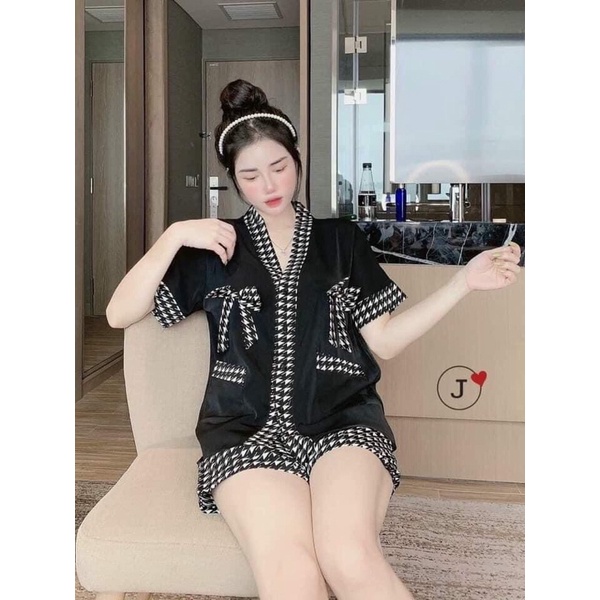 Bộ ngủ pijama thiết kế đùi màu đen chất kate lụa
