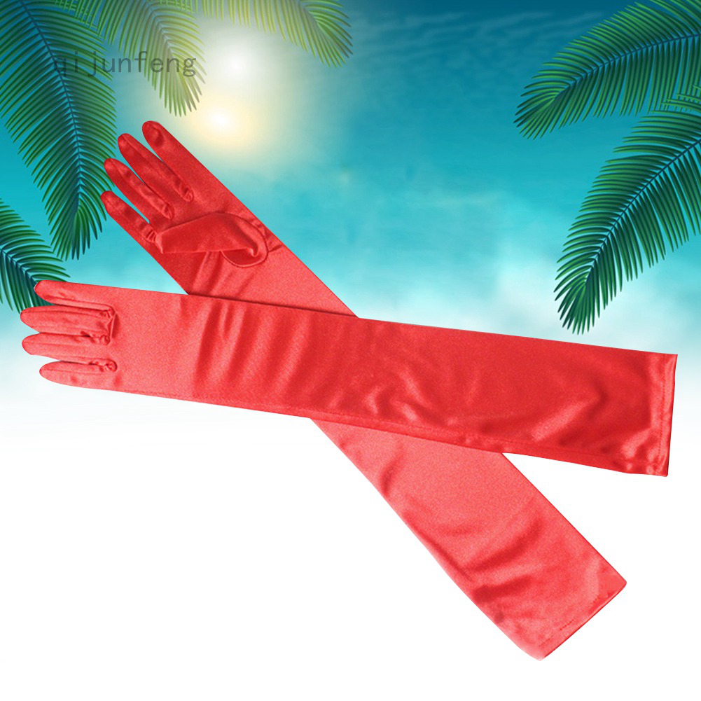 Găng tay chống nắng ngón dài vải satin màu đen/đỏ/trắng/xám chuyên dùng cho nữ khi đi dự tiệc