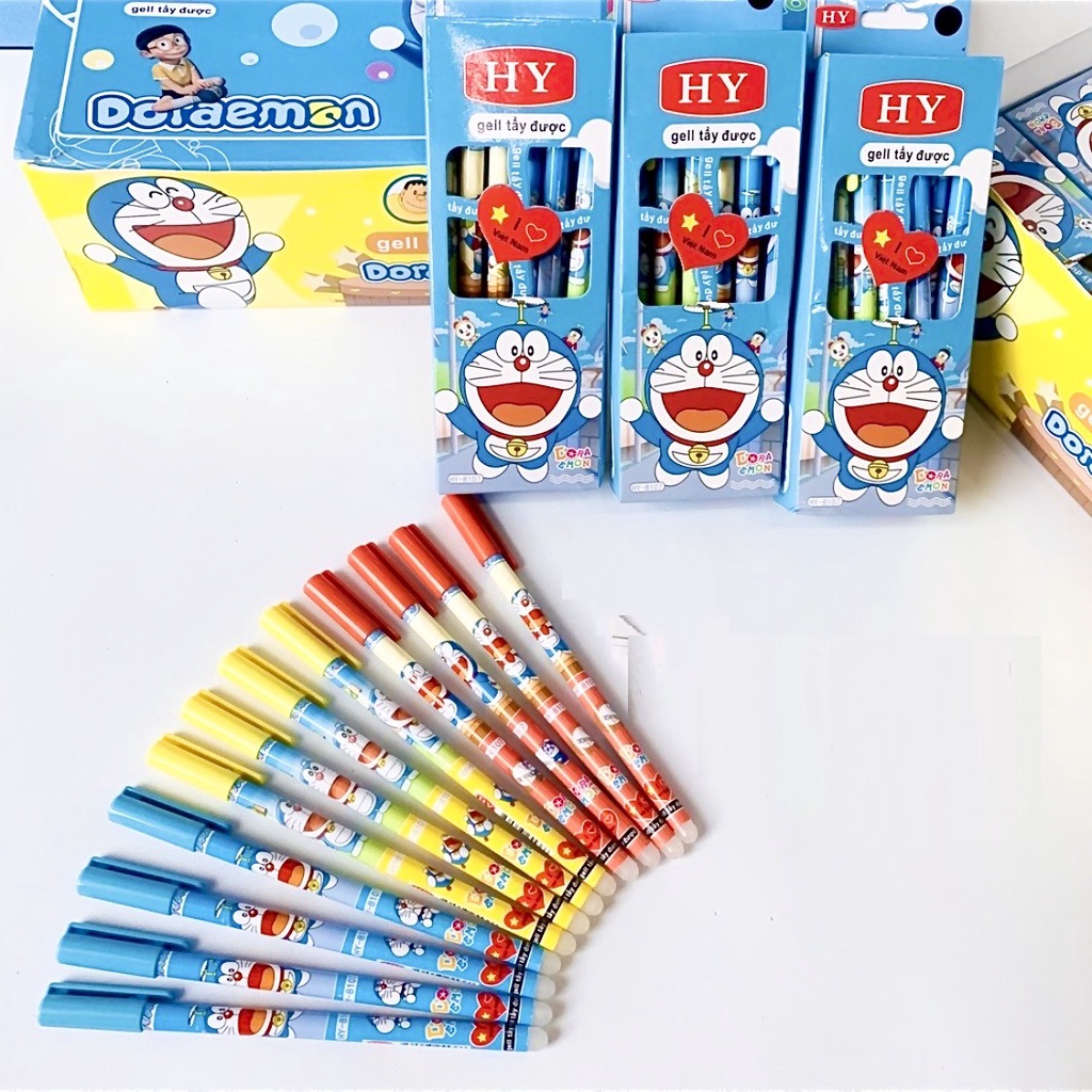 Hộp 12 cây bút Gel hình Doaremon tẩy xoá được thần kì có 3 màu xanh,tím,đen