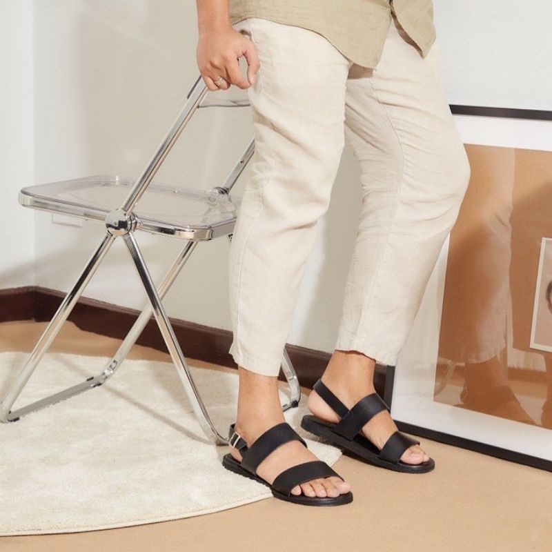 Dép sandal nam nữ da bò cao cấp quai ngang đế cao su non màu đen HORSE - QH01