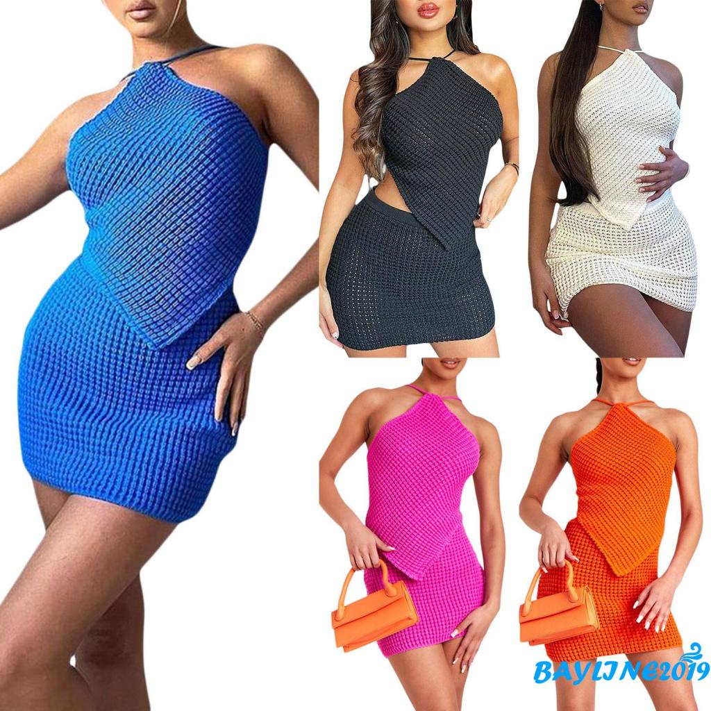 Set Áo Cổ Yếm + Chân Váy Lưng Cao Màu Trơn Thời Trang Cho Nữ