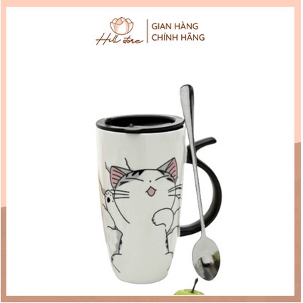Ly sứ giữ nhiệt 600ml, cốc văn phòng, ly sứ uống nước hình thú mèo dễ thương + Hill Store